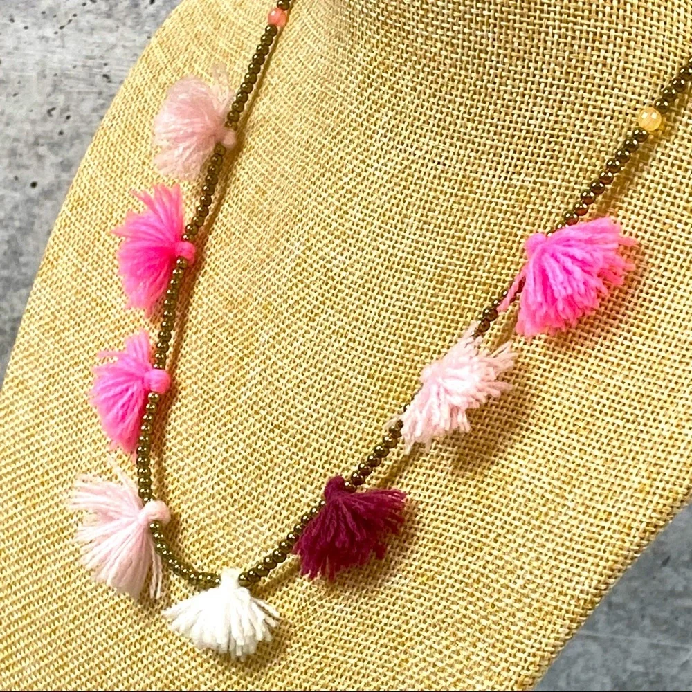 J. Crew Crewcuts pink tassel and bronze tone beaded necklace